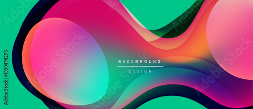 Abstract fluid shapes blend vibrant colors. Dynamic composition creates modern background design. Smooth gradients offer visual interest.