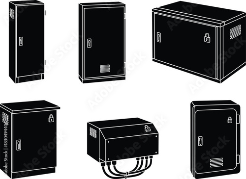 Electrical cabinet silhouettes, utility enclosure icons, industrial equipment housing set, infrastructure safety design elements - flat vector