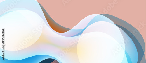 Abstract waves, soft colors, flowing shapes. Light blends with peach, blue hues create dynamic composition. Minimalist design.