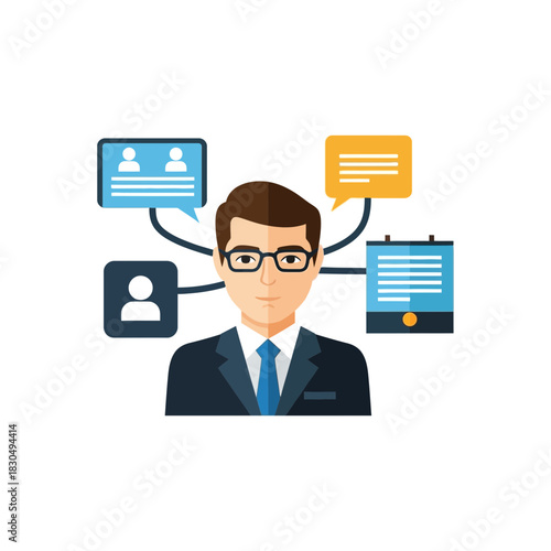 Businessman with glasses and speech bubbles representing communication