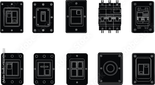 Electrical circuit breaker designs, internal component layouts, safety switch schematics, power distribution systems, flat vector