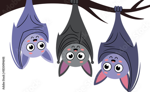 Cute Flat Cartoon Bats Hanging Upside Down on a Branch - Vector