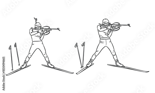 Two biathlon athletes skiing and shooting in a stylized silhouette illustration