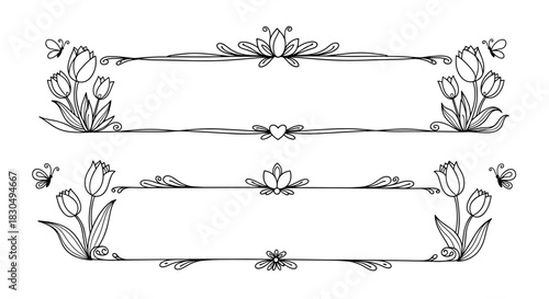 Floral decorative frames with tulips and butterflies in elegant line art style, copy space
