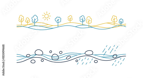 Nature themed text divider with trees, sun, and water waves in soft doodle style