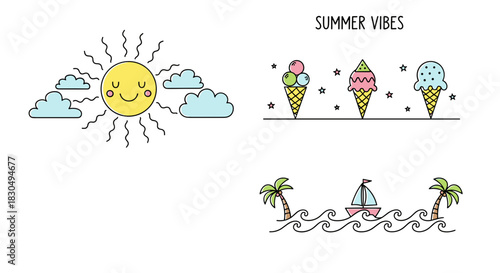 Summer vibes text divider with sun, ice cream, and sailboat in cheerful doodle style, copy space