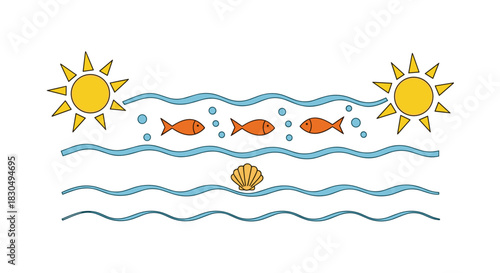 Summer beach themed text divider with sun, fish, and shell in colorful doodle style