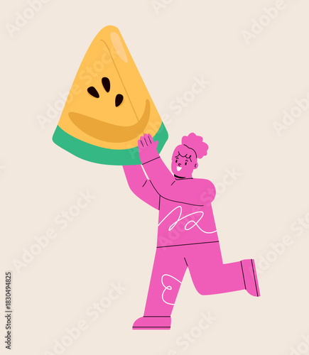 Girl holding a big watermelon. Vitamins, healthy food. Colorful vector illustration