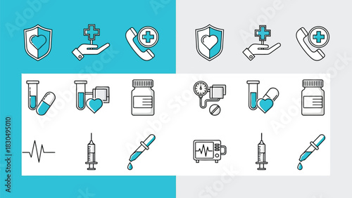 Vector illustration of medical icons set on a split background, featuring healthcare symbols like a shield with a heart, a hand holding a cross, and a phone with a plus sign