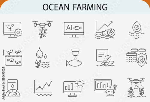 modern ocean farming line icon set, sustainable aquaculture technology vector illustration