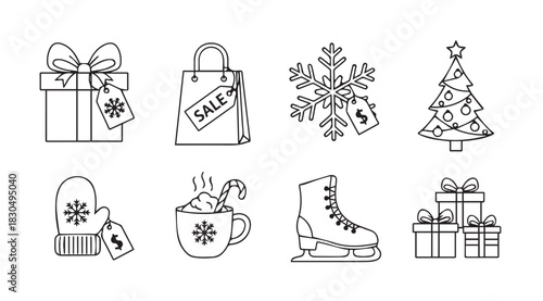 Collection of christmas and winter holiday icons in a hand drawn silhouette style