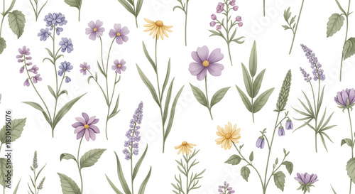 Floral Symphony: A captivating design showcases an array of delicate flowers in various hues, with lush green leaves gracefully intertwined, forming a harmonious floral composition.