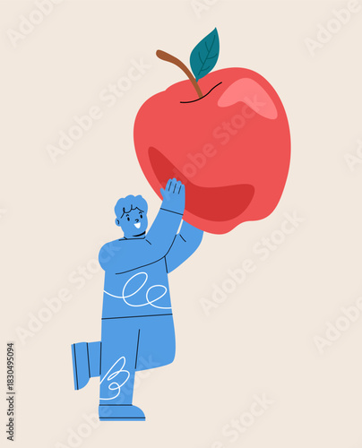 Boy holding a big apple. Vitamins, healthy food. Colorful vector illustration