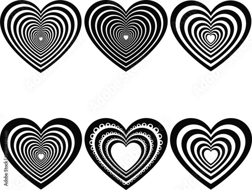 Flat vector illustration of concentric hearts, love symbols, romantic design, abstract heart shapes, black and white art, vector graphics.