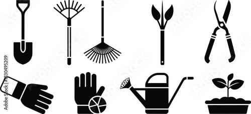 Essential Gardening Tool Vector Icon Set: Shovel, Rake, Shears, Gloves, and Watering Can for Landscaping and Farming Design
