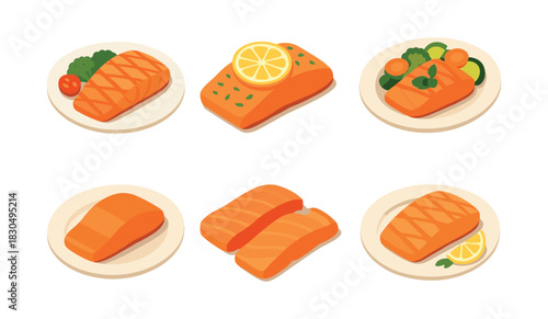 Salmon dishes collection, culinary elements and seafood, flat vector illustration
