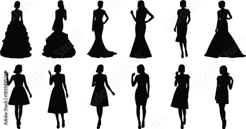 Female Fashion Silhouette Vector Set of Women in Elegant Gowns and Short Dresses for Event, Style, and Design