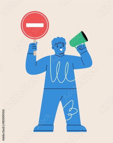 Boy with road stop sign in hand. Road traffic safety rules for children concept. Colorful vector illustration
