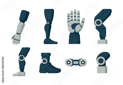 Prosthetic limbs, hands, legs, joints, flat vector illustration