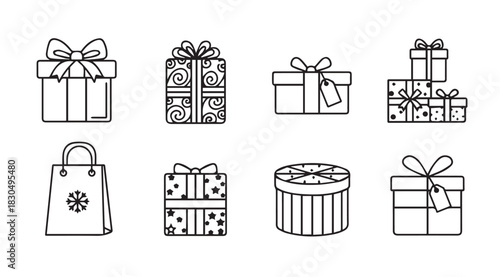 Collection of various gift boxes and a shopping bag in a simple outline silhouette
