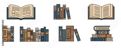Stylized book illustrations featuring various open and closed books and arranged shelves