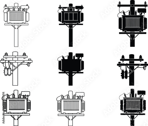 Electrical pole transformer illustrations, silhouette and detailed styles, infrastructure utility grid concept, flat vector