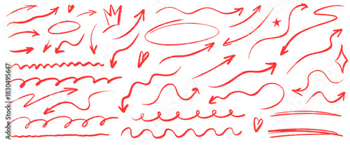 Playful underline accents and sketchy arrow shapes in a crayon look, with drawn details and pen lines, pairing underline emphasis with arrow motion and crayon texture.