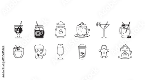 A collection of hand drawn beverage silhouettes featuring various drinks and styles