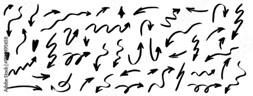 Freehand arrow doodles with bold highlight accents, hand-drawn brush strokes and marker texture. Arrow shapes, soft highlight lines, brush marks and marker details add playful scribble energy.