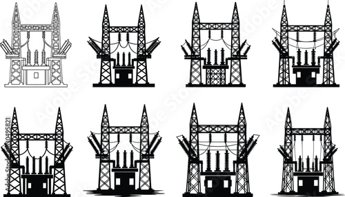 Electrical substation icons, power distribution systems, transformer station silhouette, energy infrastructure design, flat vector