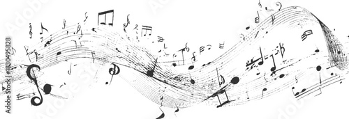 Black and white swirling musical notes and staff lines with a textured grunge effect treble