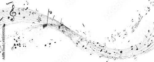 Black and white abstract musical notes and staff lines forming a wavy pattern vector