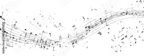 Black and white abstract musical score with swirling notes and staves vector