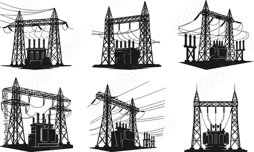 Electrical substation and transmission tower illustrations, voltage infrastructure icons, power grid silhouettes, energy system, flat vector