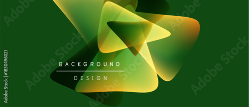 Abstract geometric shapes overlap, creating vibrant gradients. Dark green background complements golden hues. Text reads background design.