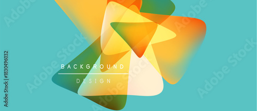 Abstract geometric shapes overlap, creating vibrant color gradients. Turquoise background complements design elements. Text reads background design.