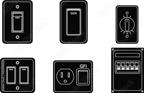 Electrical switch and outlet icons, schematic control panel elements, residential power components, silhouette design set, flat vector