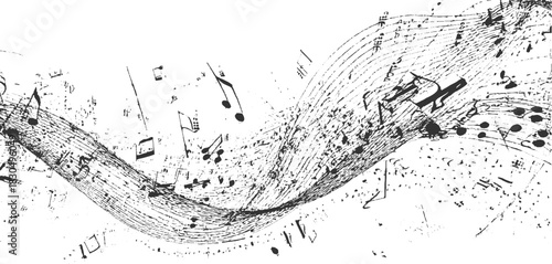 Abstract black and white musical score with swirling lines and notes sheet