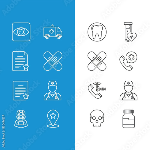Vector illustration of medical icons set featuring eye, ambulance, tooth, blood test, document, bandage, phone, doctor, spine, skull, pill, and location pin icons on blue and white