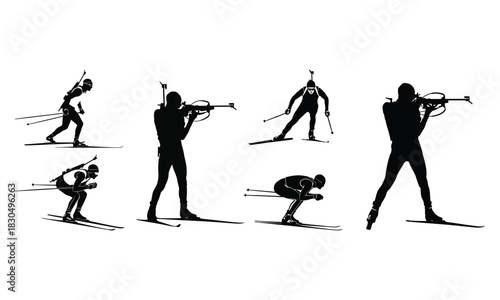 Collection of six distinct silhouette figures showcasing the sport of biathlon in various action poses silhouette