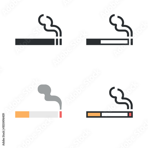 Cigarette icon set, tobacco smoke sign on white background