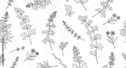 Botanical Pattern: A delicate and intricate illustration showcasing a seamless floral design composed of various detailed botanical elements. A visual symphony.