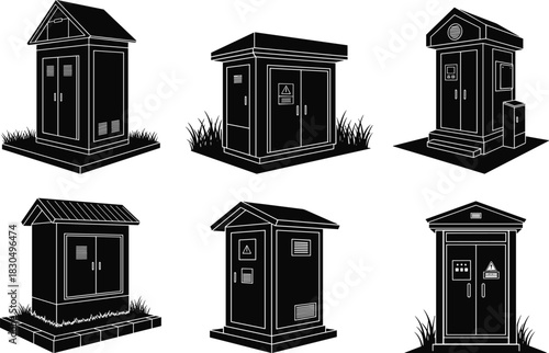 Electrical transformer box silhouettes, utility cabinet designs, infrastructure icons, voltage housing units, safety enclosure set, flat vector
