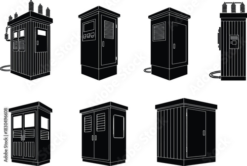 Electrical transformer enclosure silhouettes, utility box designs, power distribution units, infrastructure components, flat vector