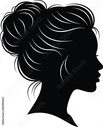 Elegant woman silhouette with bun hairstyle, female profile portrait, beauty fashion illustration, feminine vector art for design projects