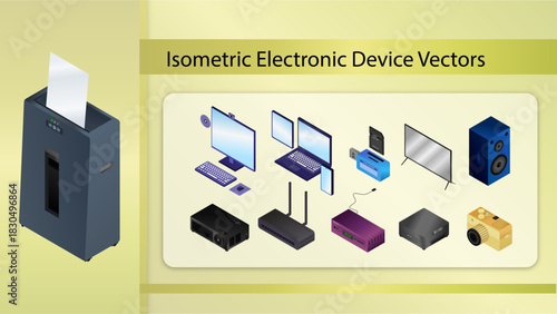 Isometric Electronic Devices: Paper Shredder, all-in-one computer, laptop, phone, tablet, card reader, smart tv, speaker, projector, modem, set-top box, mini pc and camera
