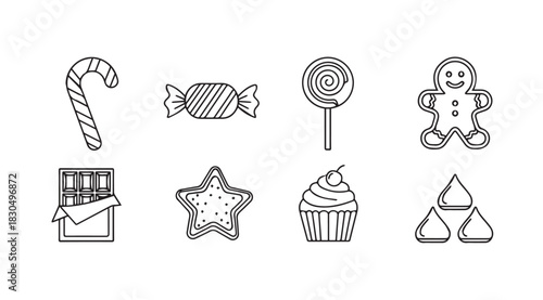 Collection of delicious sweet treats in a simple line art silhouette style