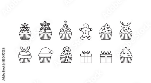 Collection of festive christmas themed cupcake and gift silhouettes for holiday designs