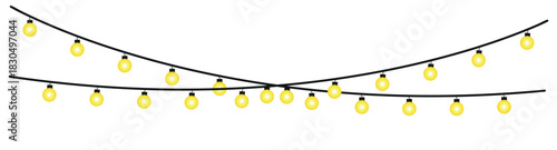 Illustration of two strands of yellow string lights hanging against a plain white background image view , glowing holiday lights garland bulbs, twinkling fairy lights glow