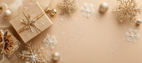 Golden Christmas Gift Boxes and Snowflakes on Beige Background